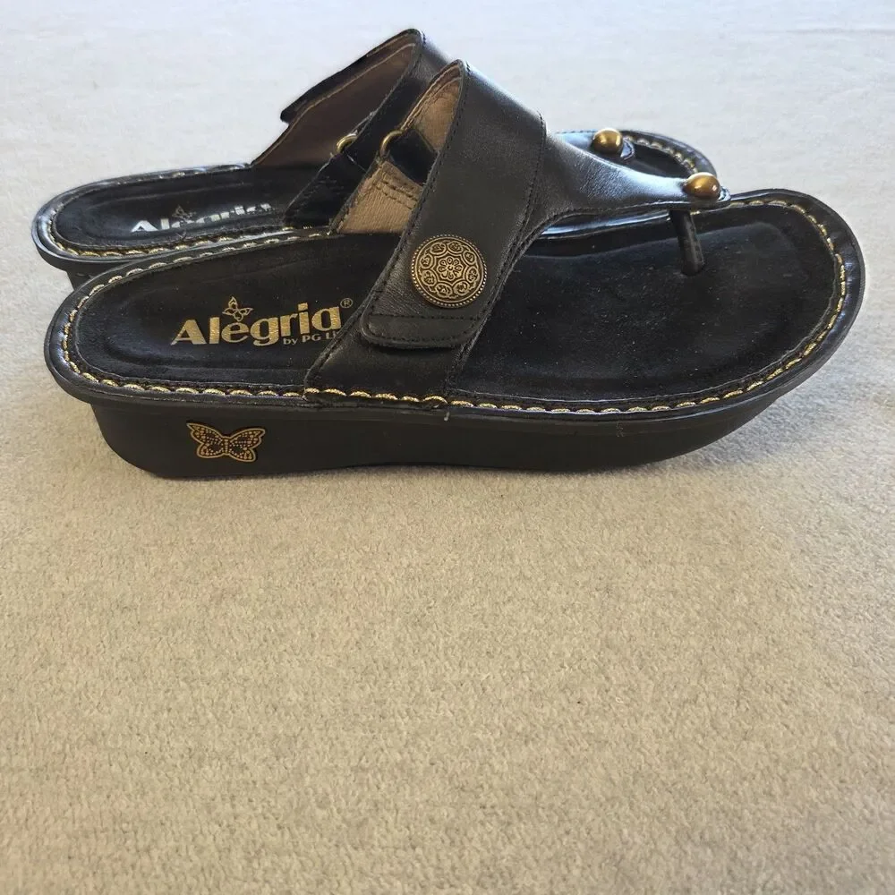 Alegria Carina Thong Leather Sandals Black Coal CAR-7406 Womens Size 37 Boho